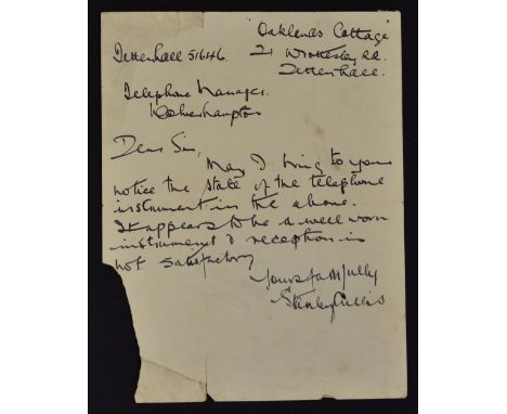 1940's letter from Stan Cullis (Wolves manager), handwritten in ink and addressed to the Telephone manager, Wolverhampton com