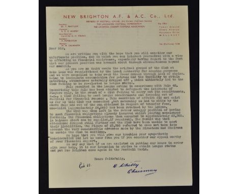 1951 New Brighton FC letter from the Chairman and signed R. Whitby explaining the financial predicament facing the club due t