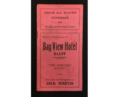 1935-36 New Zealand Rugby Tour to British Isles itinerary - 4pp small pink card booklet, plus results of previous tours, near