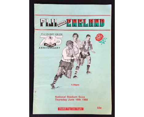 1988 Fiji v England Rugby programme - celebrating Fiji 75th Anniversary played at Suva, England won 25-12, VG