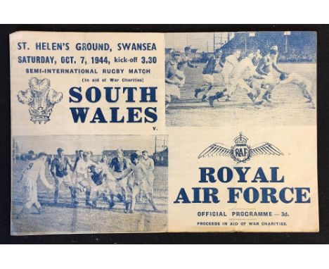 1944 South Wales v RAF Semi-International Rugby war time programme - played at St Helens, Swansea in aid of War Charities, 4p