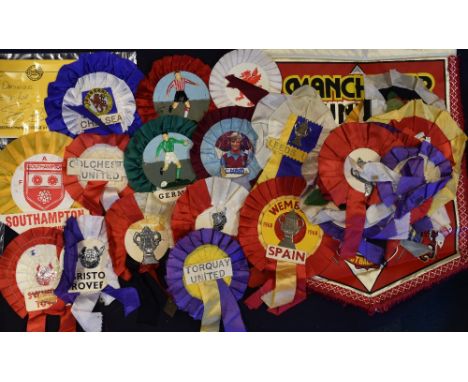 Interesting collection of football rosettes to include Wales, Germany, FA Cup, Sheffield United, Bristol Rovers, Colchester U