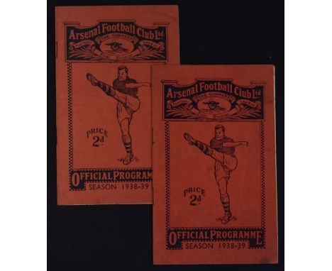 1938/39 Arsenal championship season Football Programmes v Preston NE, v Sunderland match programmes. Fair-Good. (2)