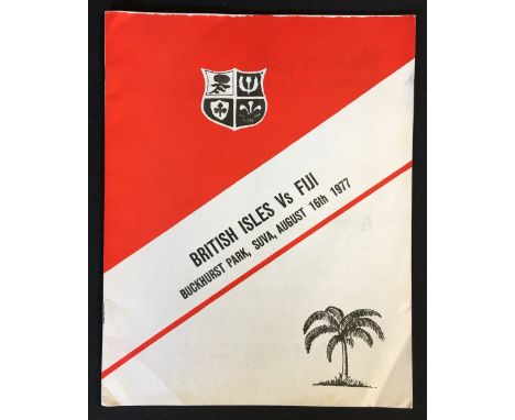 Scarce 1977 British  Lions v Fiji rugby programme - played  at Buckhurst Park, Suva, (25-21 defeat), rare issue, overall (VG)