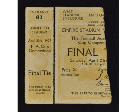 1927 Cup Final ticket Cardiff City v Arsenal at Wembley retained part is torn, the smaller 'give up' section is complete. Fai