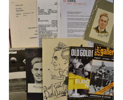 Collection of Billy Wright Football memorabilia including postcard photo, 1950's action photo, 1996 Wolves museum gallery exh