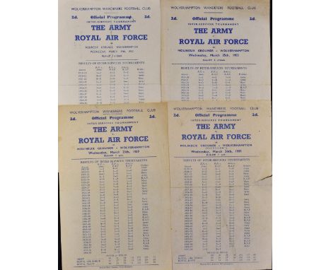 At Molineux: The Army v Royal Air Force Football programmes, all single sheets, for 1952, 1953, 1958 (tears), 1959. Fair. (4)