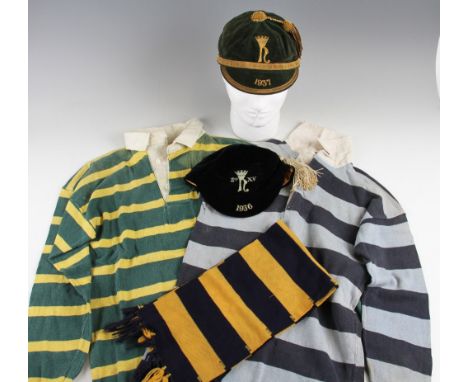1930’s Christ College, Brecon, Rugby Caps and Shirts  – issued to Harries Collins Bowen to incl navy velvet 2nd XV 1936 honou