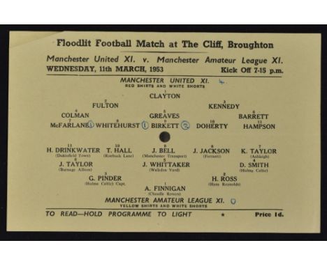 1952/53 Manchester United v Manchester Amateur League Football programme dated 11 March 1953 kick-off 7.15pm at The Cliff, Br