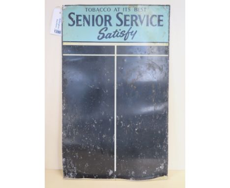 A vintage tin Senior Service Tobacco darts blackboard, approx 66.5cm x 41cm - the base has been bent over to act as a chalk h