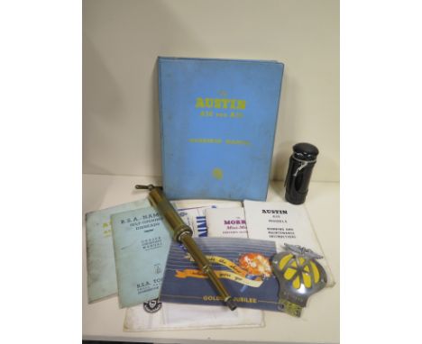 A motoring interest early brass grease gun, AA badge, lamp, catalogue for 1929 Morris cars, Riley Cars Golden Jubilee catalog