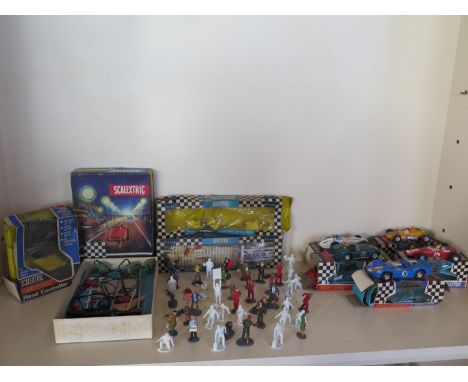 Five vintage Scalextric Race Tuned cars and Scalextric accessories, controller, a quantity of track side figures, boxes very 
