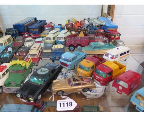 A collection of vintage Corgi diecast toy model vehicles, including a 1964 Olympus winter sports Citroen Safari with skier fi