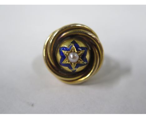 A 9ct gold pearl and enamel ring, size M, approx 9.9 grams - some slight bending to shank, small enamel loss, otherwise gener