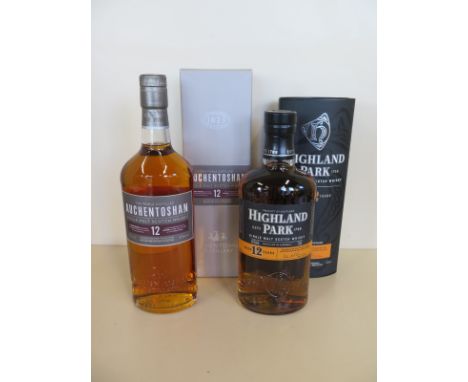 A bottle of Auchentoshan 12 Year Whisky 70cl Lowland Single Malt Scotch Whisky together with a bottle of Highland Park 12 Yea
