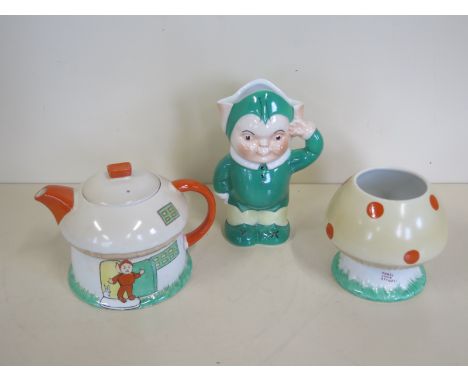 Three Shelley, Mabel Lucy Atwell ceramic wares, Boo boo figure, Milk jug, mushroom sugar bowl and mushroom house, cottage tea