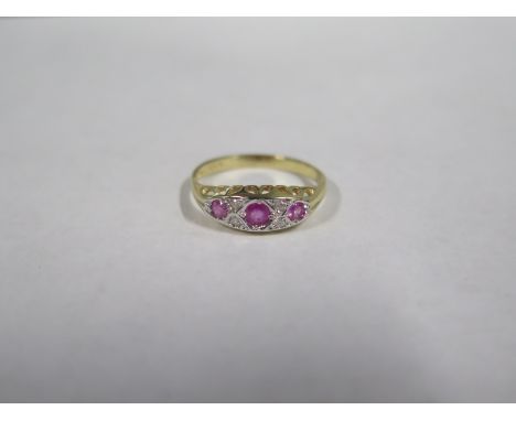 An 18ct yellow gold ruby and diamond seven stone ring, size O, approx 2.8 grams, in good condition 