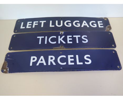 Three vintage Eastern region railway blue enamel signs - parcels, left luggage and tickets 46cm x 9cm, some enamel losses, pl