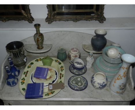 A quantity of ceramics including a late 19th century nodding head figure, Lambeth Doulton vase, a part dinner and tea service