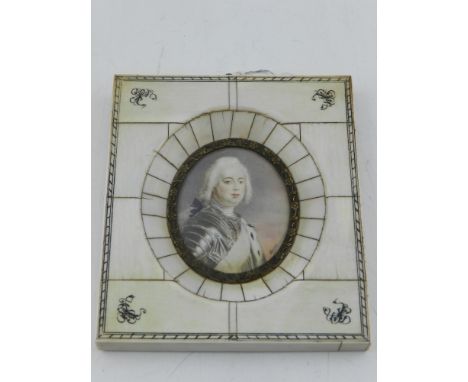 An early 20th century miniature portrait of a gentleman in armour, signed lower right, in ivory frame. H: 12cm W: 10.5cm