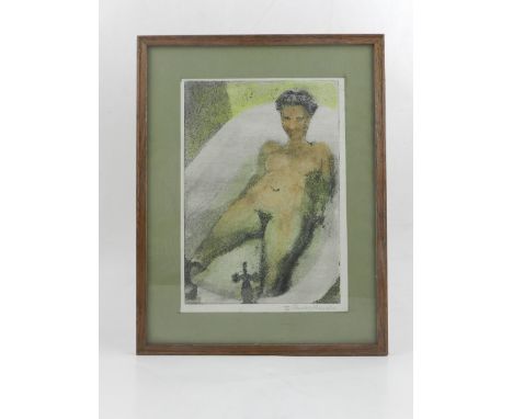 Zdzislew Ruszkowski (Polish, 1907-1991). Reclining Nude in a Bath, etching and aquatint with colour, pencil signed lower righ