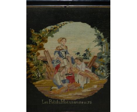 A late 19th century Continental tapestry depicting maiden gathering crops. H: 50cm, W:38cm