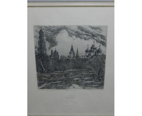 20th century Russian school, Buildings beside a Lake, etching with some colour, signed titled and bearing a blindstamp, 31 x 