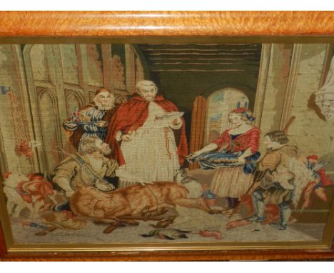 A 19th century Continental tapestry depicting an interior scene of hunters return. H: 60cm, W: 83cm 