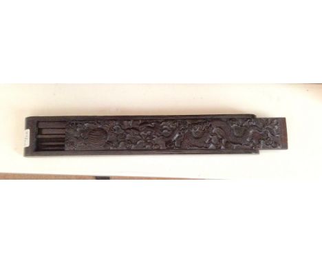Well carved Chinese harwood chopstick box with sliding lid