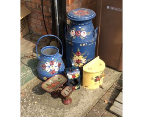 Painted milk churn, pail, lantern, scales etc.
