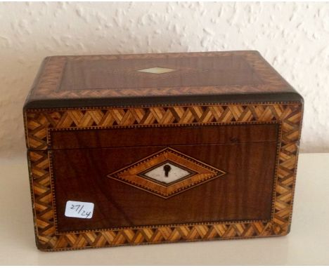 Early 19th c mahogany 2 compartment tea caddy with Tunbridge ware decoration