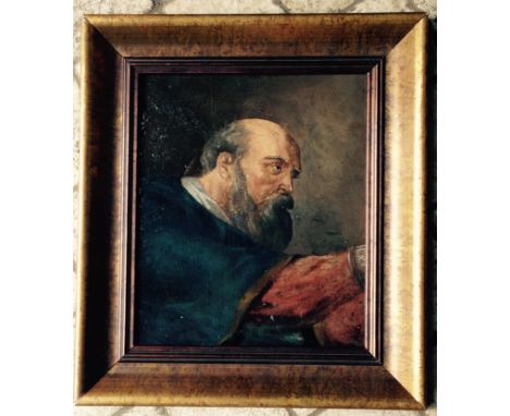 Oil on panel portrait of bearded man.