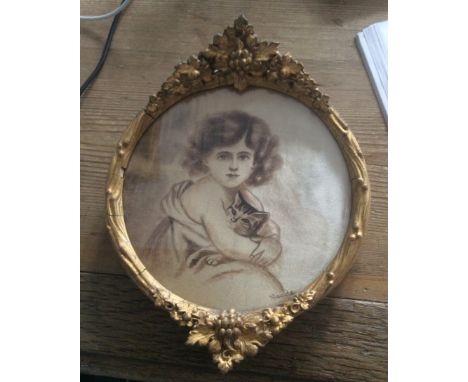 Miniature portrait of a young girl with a cat painted on tin signed l r Maude in gilt frame