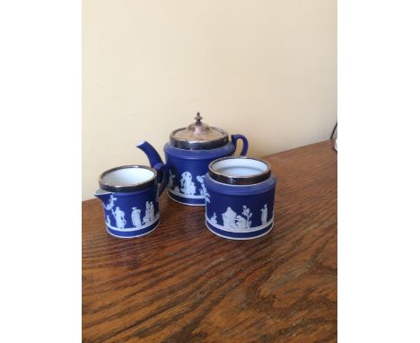 Wedwood jasper ware tea service with plated mounts