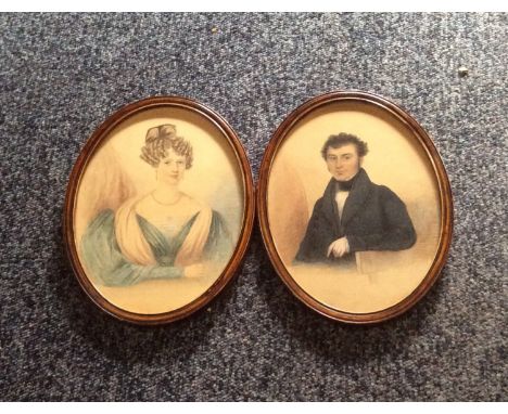 Pair 19th c w/c portrait miniatures a husband and wife