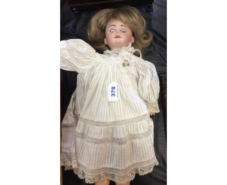 Armand Marseille bisque headed doll with sleeping eyes and open mouth, 1894 A.M. 2.5 DEP. Slight crack to one eyelid.