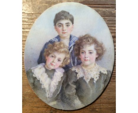 Superb portrait miniature on ivory of three children in triptych folding frame