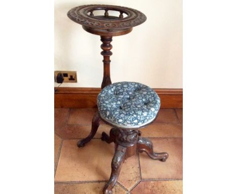 Elaborately carved Victorian jardiniere stand and a piano stool