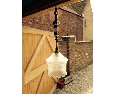 Pair of single hanging light fittings with frosted glass shades.