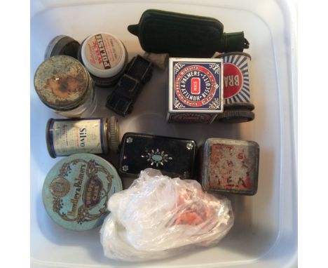 Boxed lot of vintage tins, snuff box, coral etc.