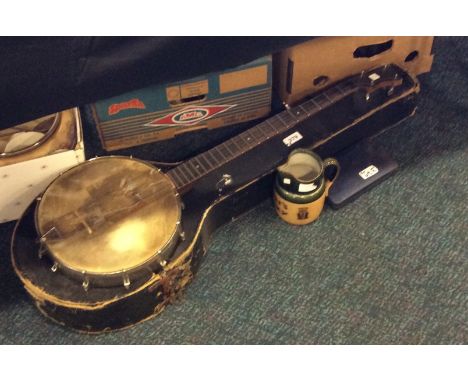Mixed lot including cased banjo, Olympic coins and Royal Doulton Dewars whisky jar.
