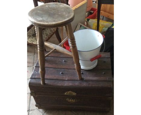 Vintage tin trunk, enamel pail and two beech kitchen stools.