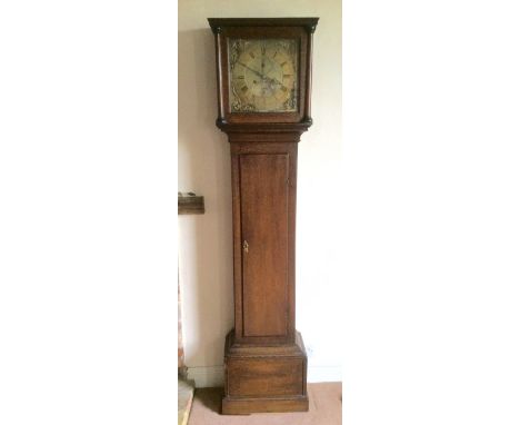 Eighteenth century oak longcase clock with good quality brass dial and eight day movement, dial reads James Drewton, Scavingt