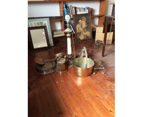 Box lot copper and brass inc. onyx table lamp