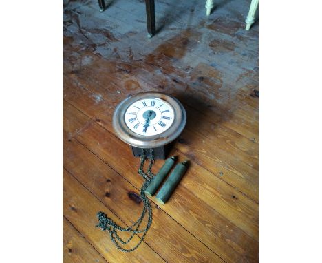 Postman clock with pink enamel dial and two weights