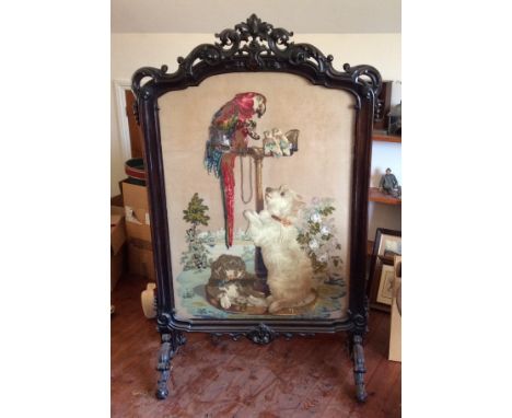 Fine quality Victorian mahogany screen profusely carved with bead and plush work tapestry panel 165 cms high