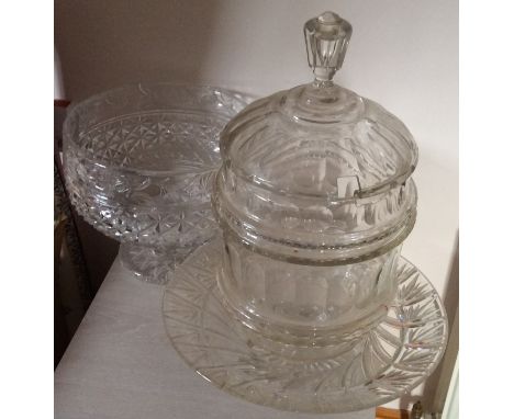 Large 19th lidded glass jar and two pcs. cut glass
