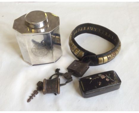 Nineteenth century brass and leather dog collar with engraved padlock, snuff box and tea caddy.