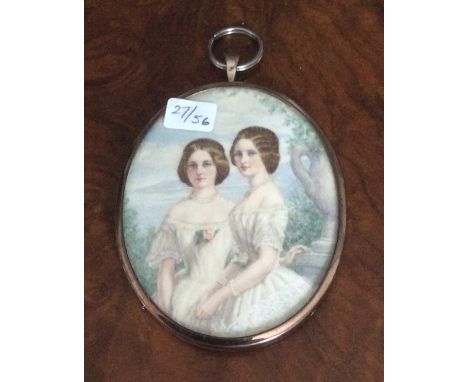 Oval miniature on ivory of two young ladies with monogam J K