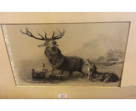 Good pencil sketch of a stag at bay indistinctly signed.